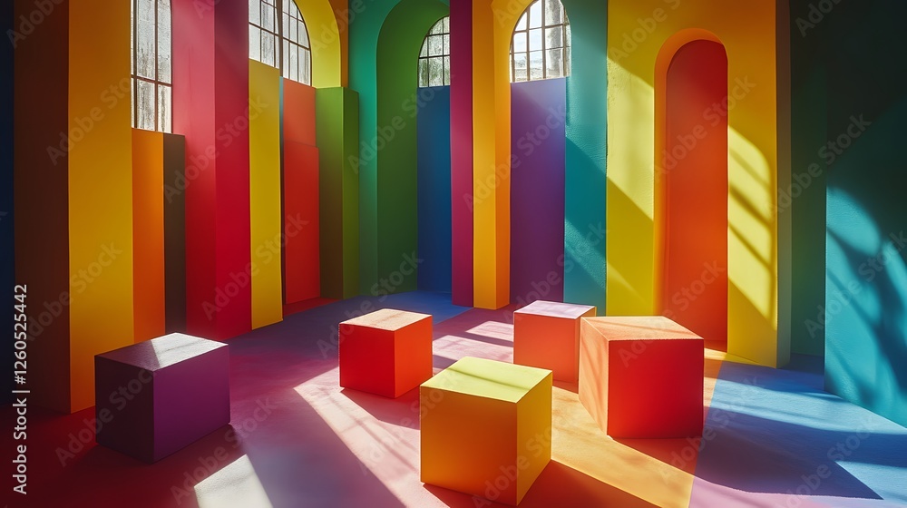 Poster room with colorful walls and windows featuring engaging voxel-based puzzles in a vibrant setting