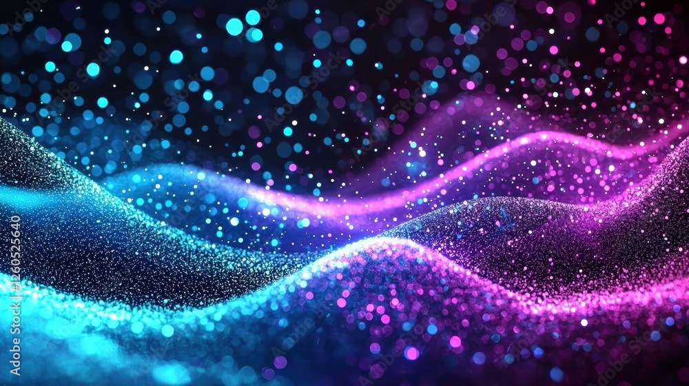 Poster vibrant abstract background featuring glowing particles forming wavy patterns in dark blue and purpl