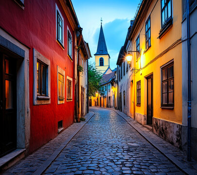Experience the charm of an enchanting cobblestone street at twilight, lined with colorful houses and a beautiful church steeple, perfect for leisurely evening walks and exploring local history.