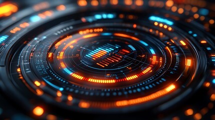 Abstract futuristic digital interface with glowing orange and blue elements in a circular pattern