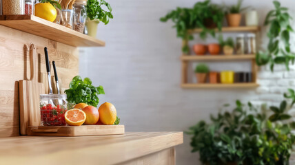 modern kitchen with wooden shelves, fresh fruits, and herbs, creating vibrant and inviting atmosphere