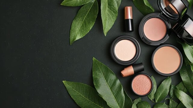 Natural beauty products surrounded by lush green leaves
