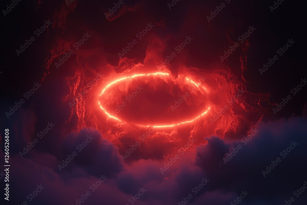 Poster red glowing ring hovering amid clouds in dark sky creating surreal celestial scenery