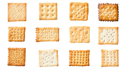 Crispy crackers in various shapes and textures on transparency background