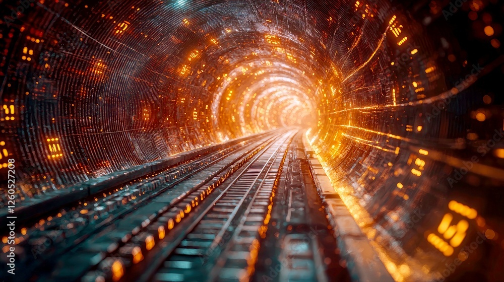 Poster futuristic railroad tunnel: a journey into the digital age. glowing orange lights illuminate the tra