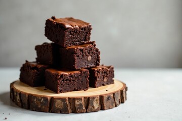 A delectable stack of rich, fudgy brownies arranged on a rustic wooden board, perfect for an afternoon treat