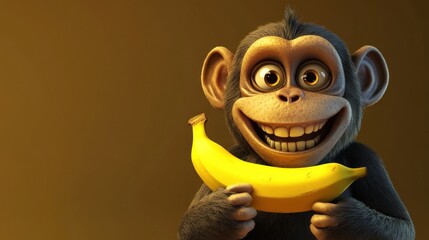 Fototapeta premium Cartoon chimp holding banana, cheerful expression, studio shot