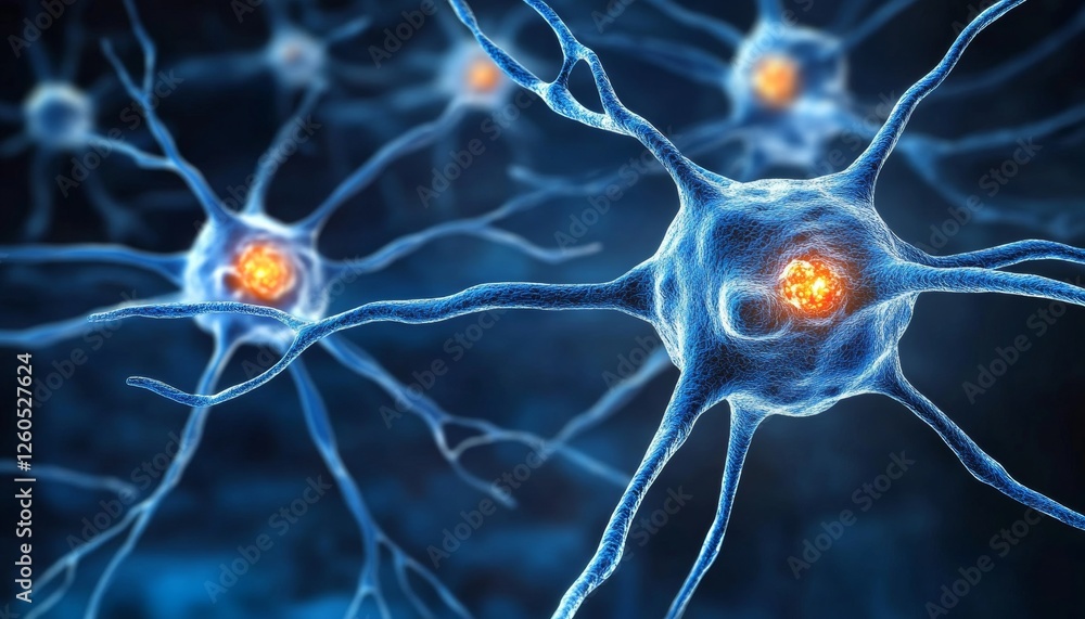 Poster blue neural network, a complex web of interconnected nodes, 3d rendering on dark background