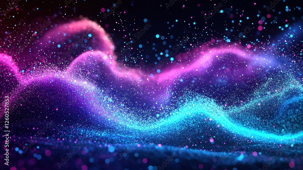Poster abstract digital wave with glowing particles in vibrant blue and purple tones, illustrating a futuri