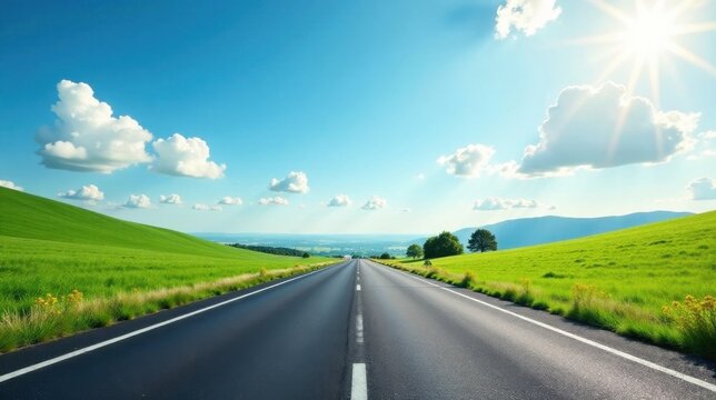 Asphalt ribbon unwinding towards a vibrant horizon, under a brilliant sun and fluffy clouds, across verdant rolling hills