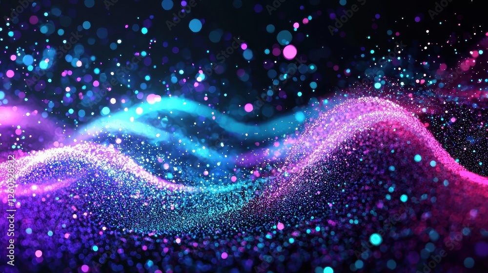 Poster Abstract digital design featuring glowing particles and flowing waves with bokeh lights in vibrant blue and purple on a dark background