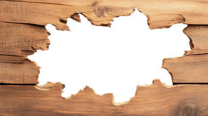 Large hole in rustic wooden surface, revealing transparency background ,isolated on transparent background