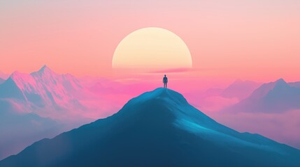 Fototapeta premium Man standing top of mountain with sun in background illustration