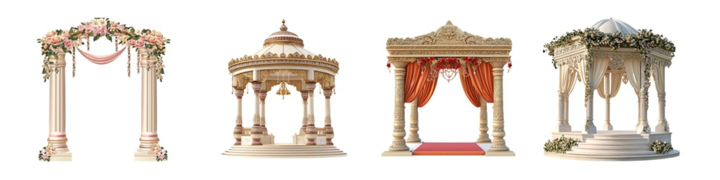 Set of Elegant Wedding Mandaps with Floral and Draped Decor Isolated on Transparent Background