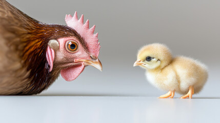 Fototapeta premium Chicken and chick interact in a cozy setting indoors