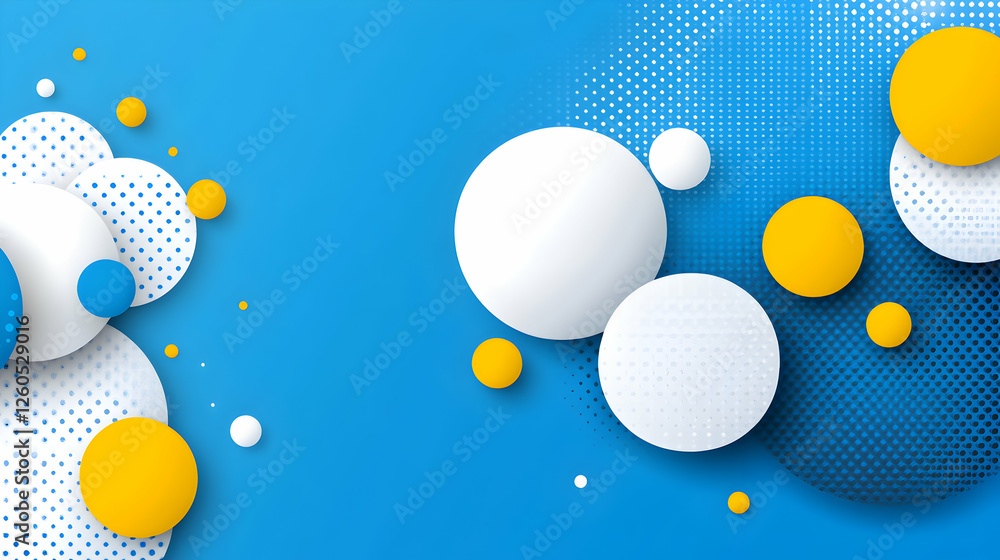 Poster abstract blue background with overlapping white and yellow circles, creating a modern and vibrant de