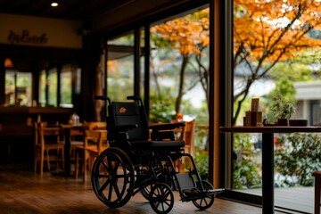 Wheelchair by window in autumn restaurant, access, mobility. Healthcare, travel