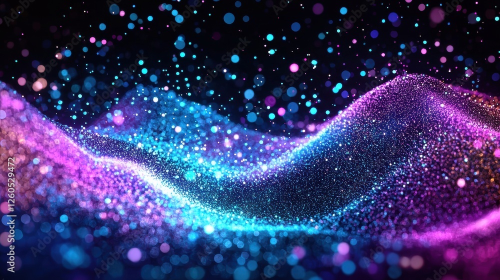 Poster dynamic digital landscape featuring blue and purple glowing particles, creating a wave-like pattern.