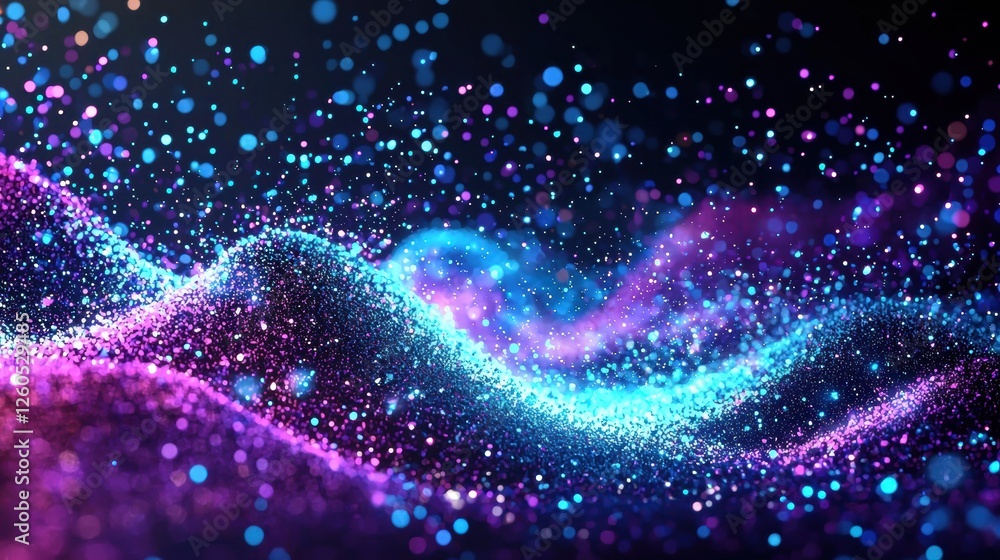 Poster digital technology concept featuring blue and purple glowing particles in a dynamic wave formation, 