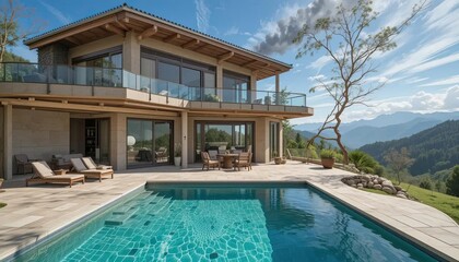Fototapeta premium Luxury mountain villa offering stunning views and a beautiful pool, creating an elegant retreat in nature. 