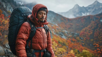 hiker on mountain portrait with red jacket