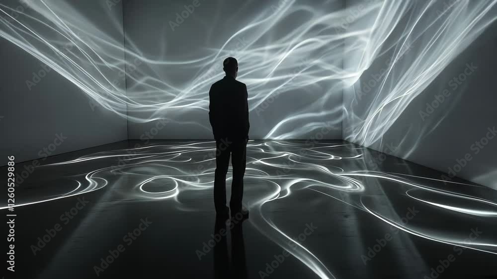 Poster immersive light installation inspiring reflection in empty artistic space