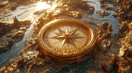 Golden compass on antique map adventure direction exploration travel navigation journey discovery hope ambition