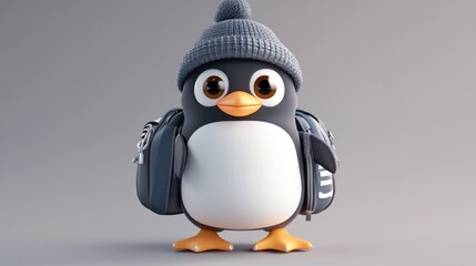 Cartoon Penguin with Backpack on Gray Background. Possible Use Educational children's book, school project, greeting card, etc