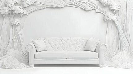 White sofa in minimalist forest scene, ideal for design mockups
