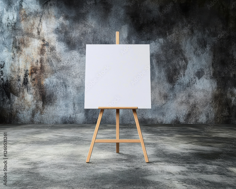 Aufkleber a minimalist setting featuring an empty white canvas on a wooden easel against a textured gray backd