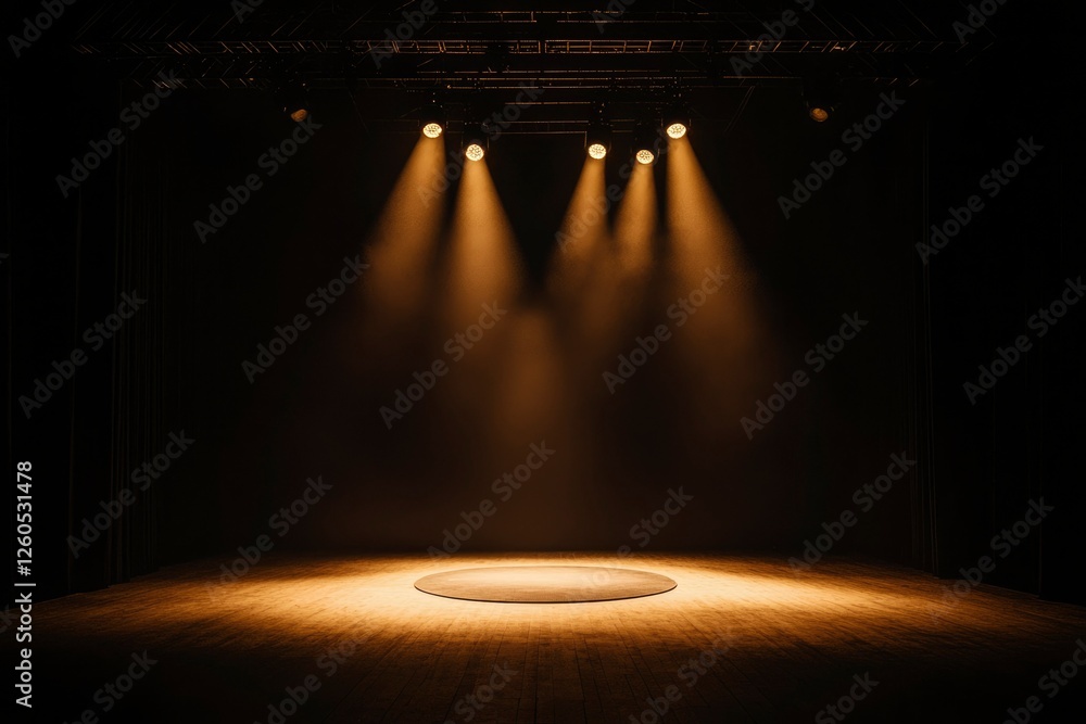 Poster empty stage with spotlight beams for performance or presentation background use