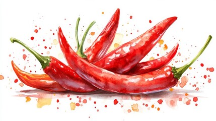 Vibrant red chili peppers watercolor splash spicy hot food illustration