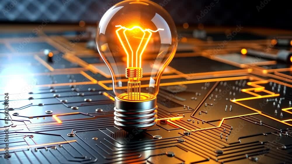 Poster illuminated light bulb on intricate circuit board highlighting technology concepts
