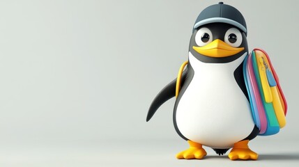 Fototapeta premium Cartoon Penguin Student Carrying Backpacks in Neutral Background