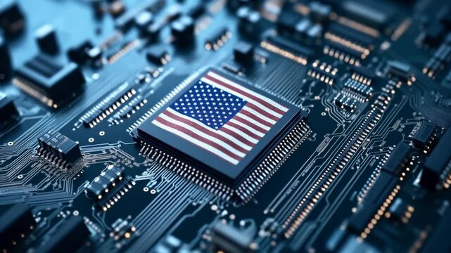Close-up of a computer microchip featuring a printed American flag on a circuit board background, representing technology and national identity connection.