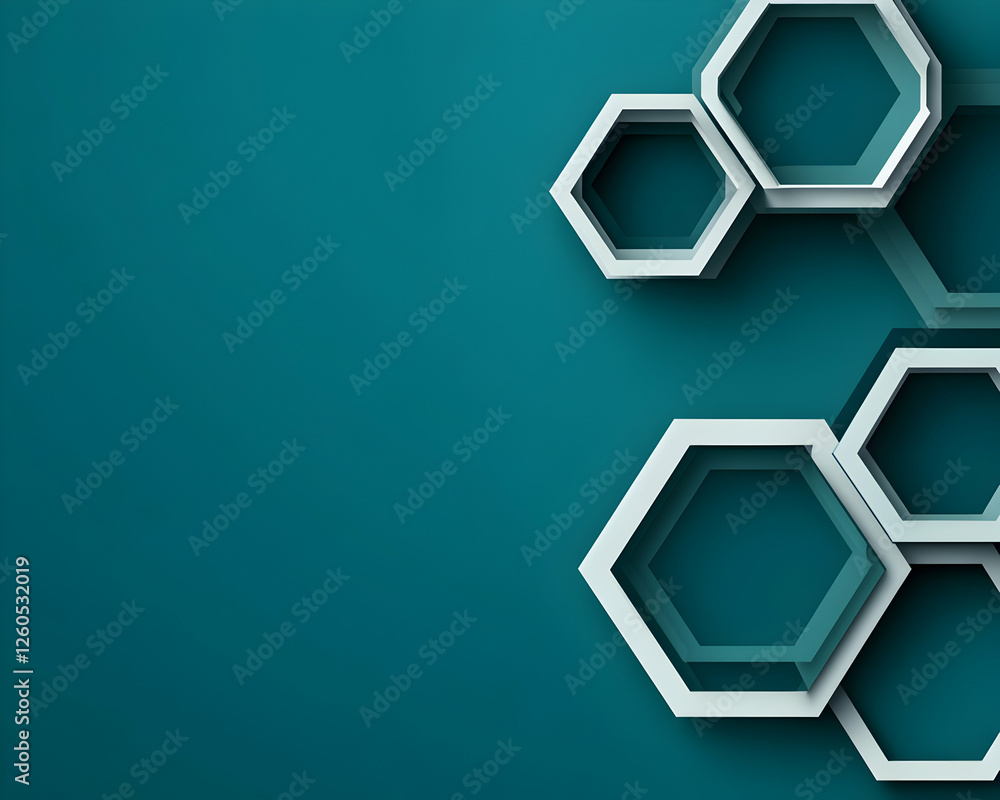 Poster abstract teal background with overlapping white hexagonal shapes; modern geometric design ideal for 
