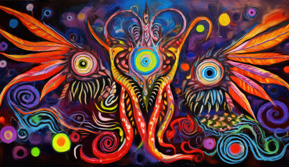 A surrealist nightmare unfolds in a vibrant painting, evoking a sense of unease and otherworldly dread.