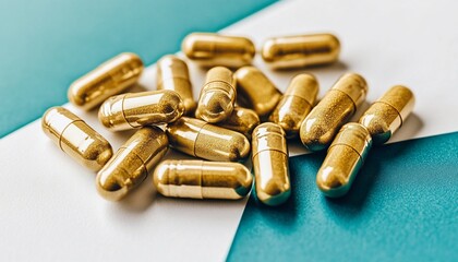 Golden Medicine Capsules On Teal And White Background