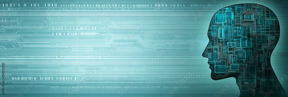 Poster human head profile formed by circuit boards with binary code on technology background