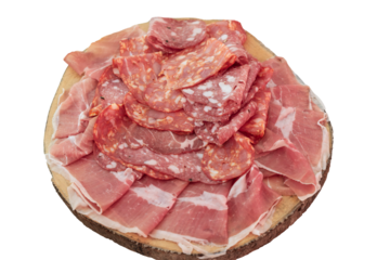 Banquet cold cuts set. Banquet menu with slices of sausage, ham, on a wooden cutting board.