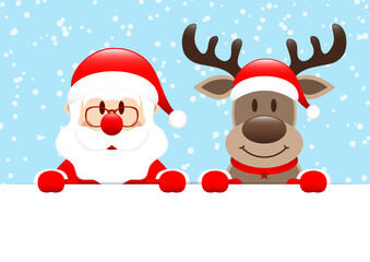 Weihnachtsmann Und Rentier Halten Banner Schnee Blau
