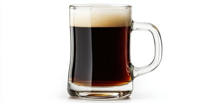 Dark brew poured into a clear glass mug with frothy head on top ready for enjoyment