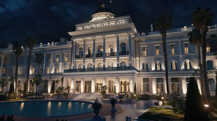 Obraz premium Grand Mediterranean Mansion Nighttime Illumination