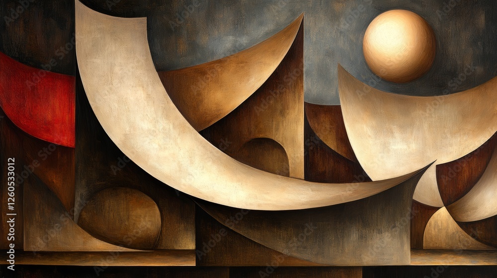 Poster abstract artwork featuring dynamic shapes and warm tones under a subtle sun, creating a sense of bal
