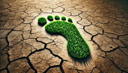 Fototapeta na wymiar A green footprint made of fresh grass on a dry cracked earth surface symbolizing climate change.
