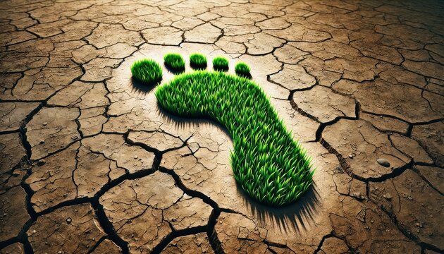 A green footprint made of fresh grass on a dry cracked earth surface symbolizing climate change.
