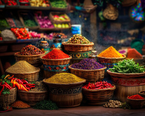 Fototapeta premium Explore a captivating marketplace filled with colorful baskets brimming with spices, herbs, and chilies.