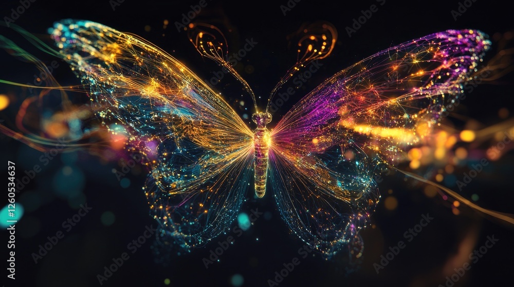 Poster a symbolic butterfly made of luminous data lines and futuristic holograms, showcasing transformation