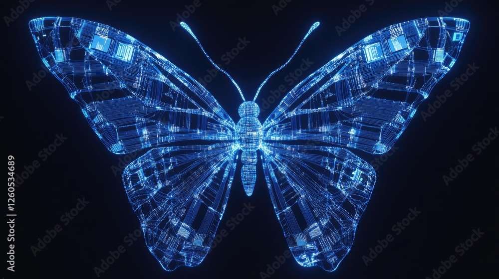 Poster a symbolic butterfly made of luminous data lines and futuristic holograms, showcasing transformation
