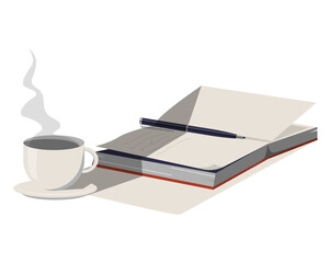 Open Notebook With Coffee Cup And Steam In Flat Vector Illustration Symbolizing Writing, Creativity, And Morning Routine, Isolated On White Background.